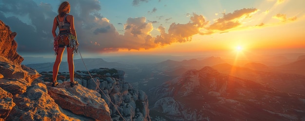Grimpeur en pleine ascension face au soleil couchant