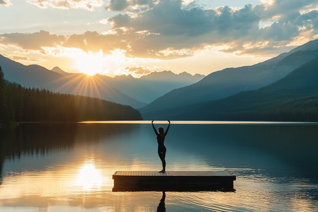 Yoga face au lac au lever du soleil